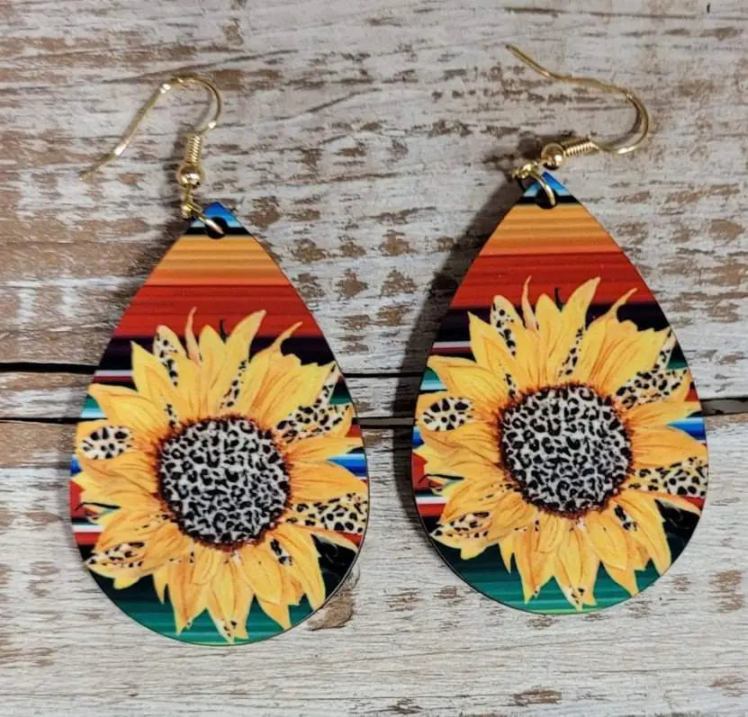 Serape Leopard Sunflower Wood Earrings