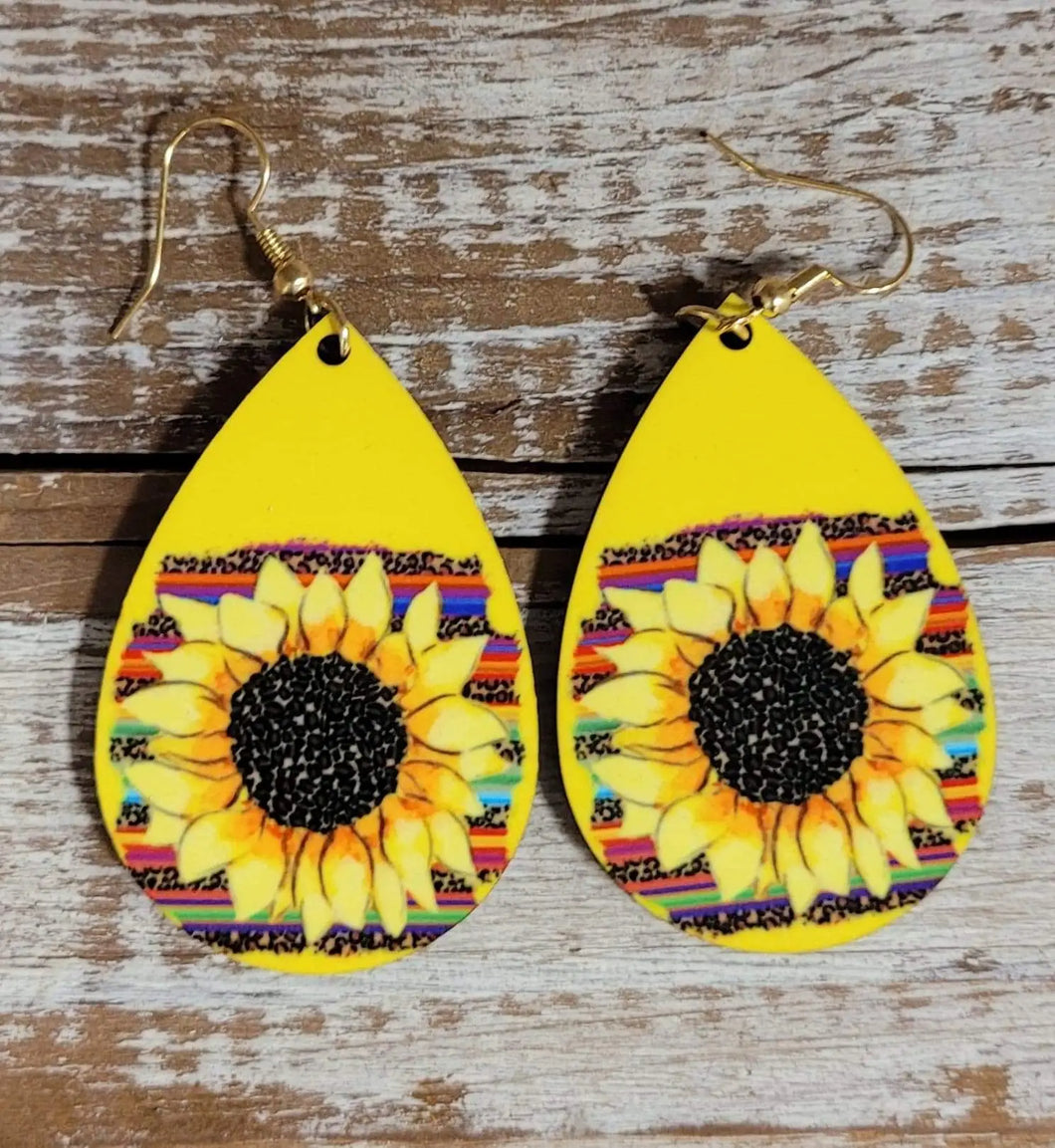 Leopard Serape Sunflower Wood Earrings