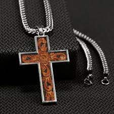 Twister Men's Silver Box Chain with Leather Cross Necklace