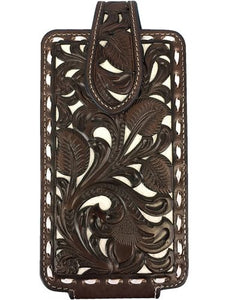Nocona Dark Chocolate Floral Tooled Phone Case with White Leather Inlays