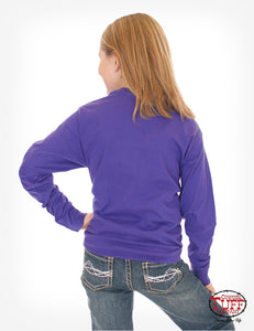 Purple jersey long sleeve tee with Double Lucky clover print and crystals
