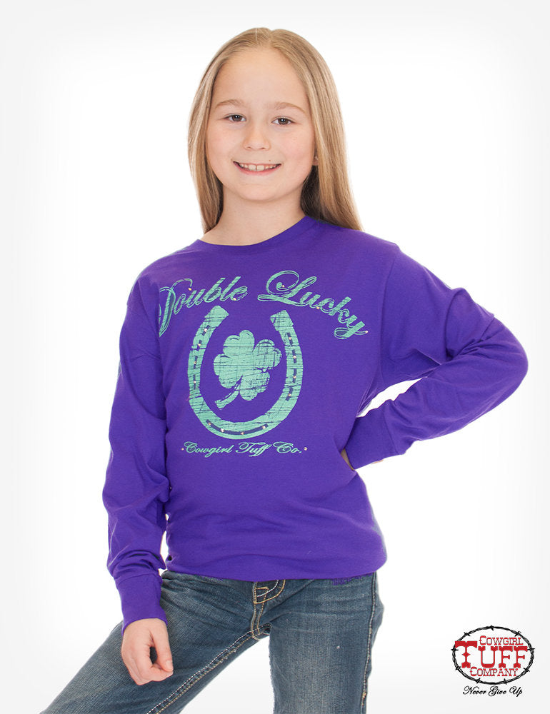 Purple jersey long sleeve tee with Double Lucky clover print and crystals