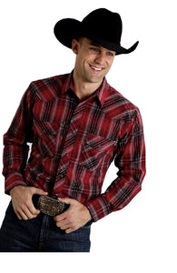 Roper® Mens Red & Black With Silver Lurex Plaid Long Sleeve Snap Western Shirt