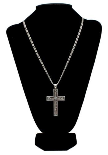 Twister Men's Silver Tone Cross with Tooled Inlay and Aqua Stone Pendant Necklace