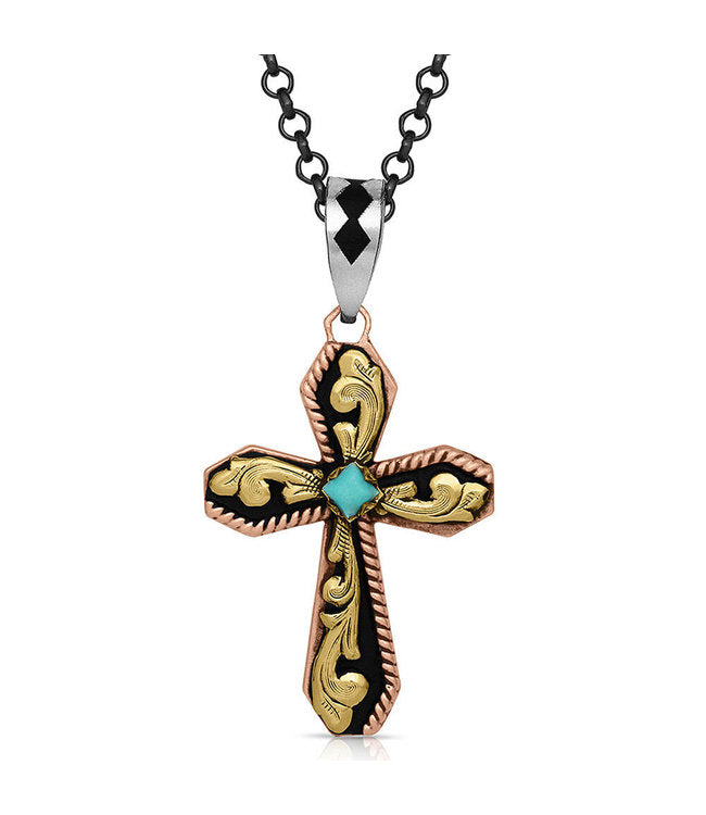 Tri-Tone Scroll Cross Necklace